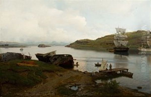 Kystmiljo I Norsk Fjord Oil Painting by Hans Frederick Gude