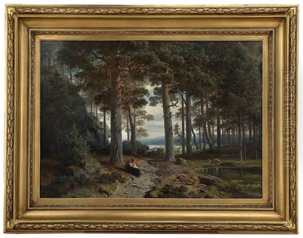 The Inner Of A Pine Tree Forest Oil Painting by Hans Frederick Gude