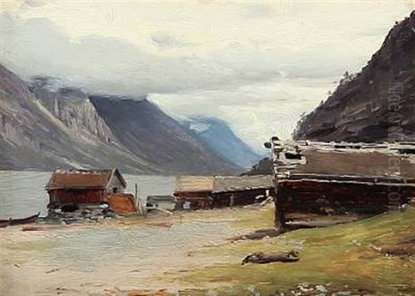 Fiord Scene On A Cloudy Summer Day by Hans Frederick Gude