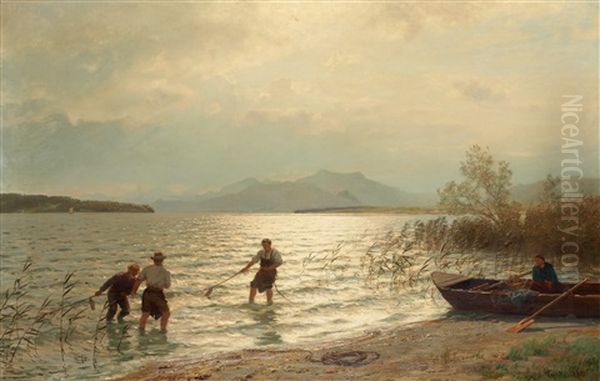 Strandnara Fiske Oil Painting by Hans Frederick Gude