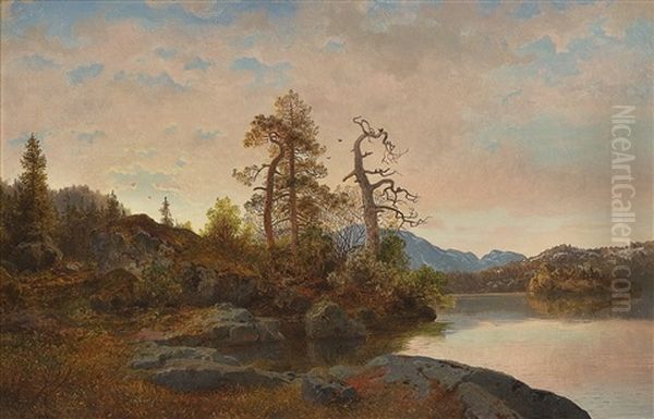 Skoglandskap Med Innsjo Oil Painting by Hans Frederick Gude