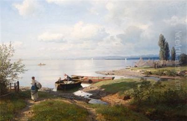 Ved Bredden Av En Innsjo Oil Painting by Hans Frederick Gude