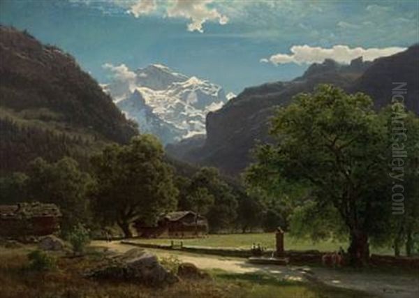 Nottealleen Ved Interlaken Med Die Jungfrau I Bakgrunnen Oil Painting by Hans Frederick Gude