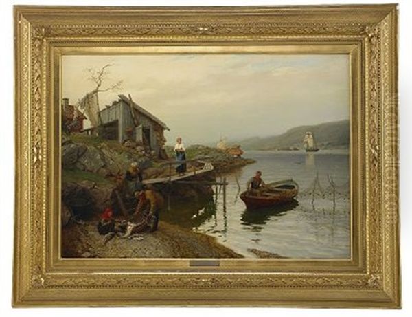 Fiskarfamilj Vittjar Fangsten Oil Painting by Hans Frederick Gude