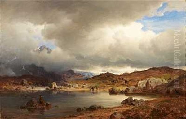 Rensdyr Ved Fjellvann Oil Painting by Hans Frederick Gude