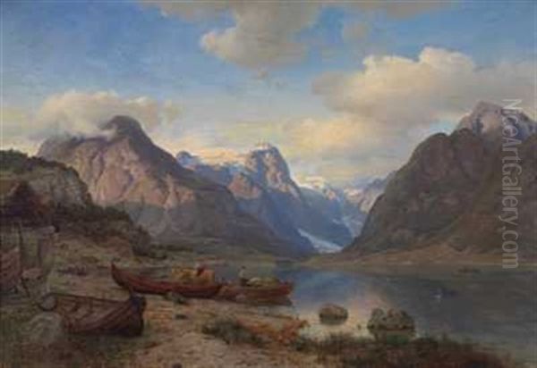 Indre Fjaerlandsfjord I Sogn Oil Painting by Hans Frederick Gude