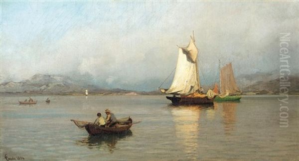 Fiskebater Ved Kysten (fishing Boats Off The Coast) Oil Painting by Hans Frederick Gude