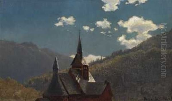 Stavkirke I Naes Oil Painting by Hans Frederick Gude