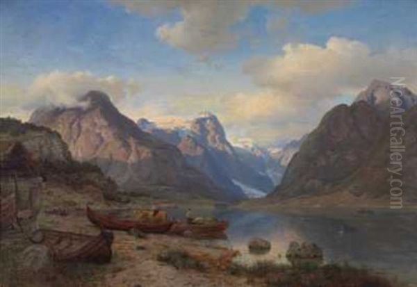 Indre Fjaerlandsfjord I Sogn Oil Painting by Hans Frederick Gude