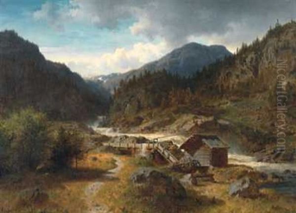 Landskap Med Kvernhus Oil Painting by Hans Frederick Gude