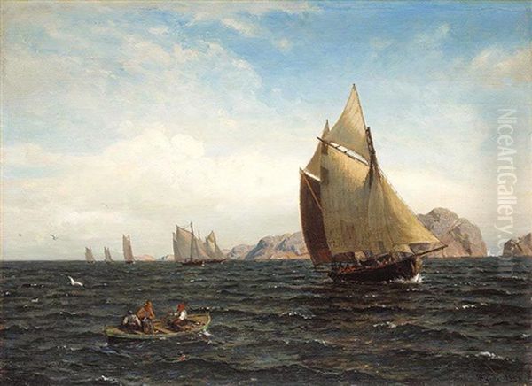 Seilbater Pa Fjorden (sailing Off The Norwegian Coast) Oil Painting by Hans Frederick Gude