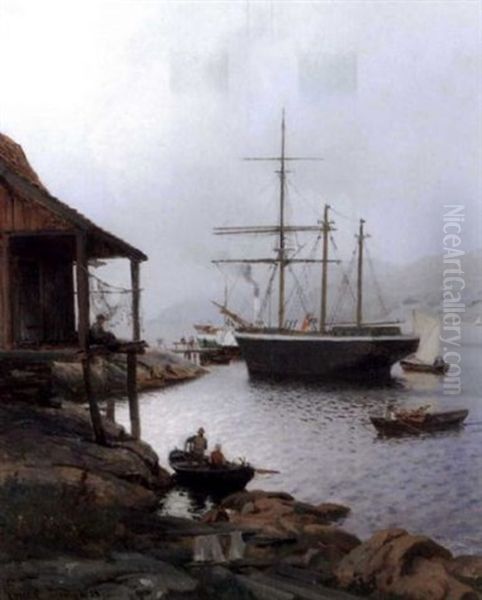 Brygge I Drobak Oil Painting by Hans Frederick Gude