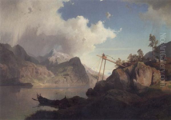 Laksefiske Oil Painting by Hans Frederick Gude