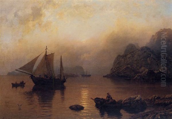 Fishing Party At Sunrise Oil Painting by Hans Frederick Gude