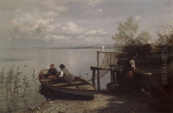 Klesvask I Strandkanten Oil Painting by Hans Frederick Gude