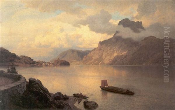 Traunstein Mit Traunkirchen Am Traunsee Von Der Strase Nach Ebensee In Der Nahe Vom Monument Aus Oil Painting by Hans Frederick Gude