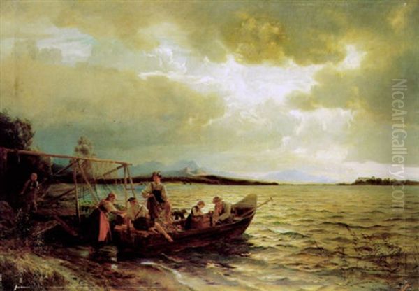 Fischerboot Am Chiemsee, Im Hintergrund Herren Chiemsee by Hans Frederick Gude