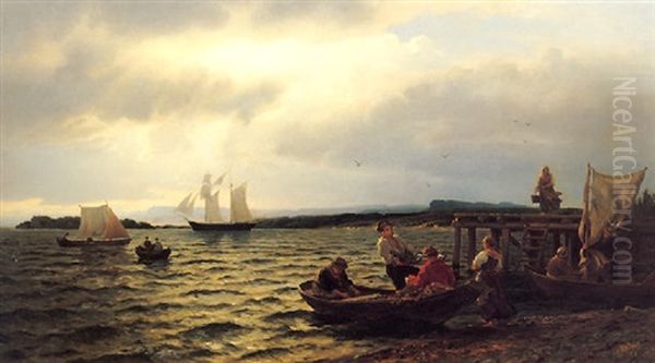 Fiskere Som Bringer Fangsten I Land Oil Painting by Hans Frederick Gude