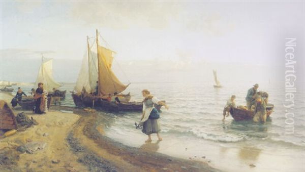 Fiskere Pa Rugen Som Bringer Fangsten I Land Oil Painting by Hans Frederick Gude