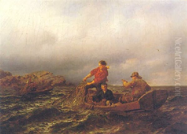 Hauling In The Nets Oil Painting by Hans Frederick Gude