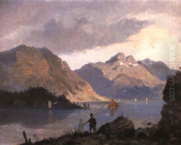 Fjordlandskap Med Batar Och Figurer Oil Painting by Hans Frederick Gude