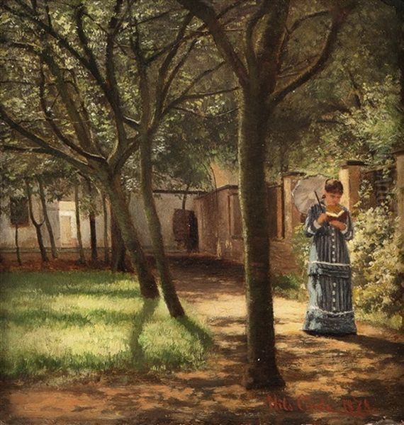 Garden Interior With Strolling Woman Reading Oil Painting by Nils Gude