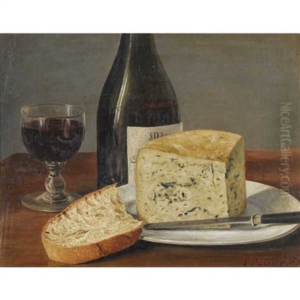 Stillleben Mit Kase, Wein Und Brot by Leopold Friedrich Gueder