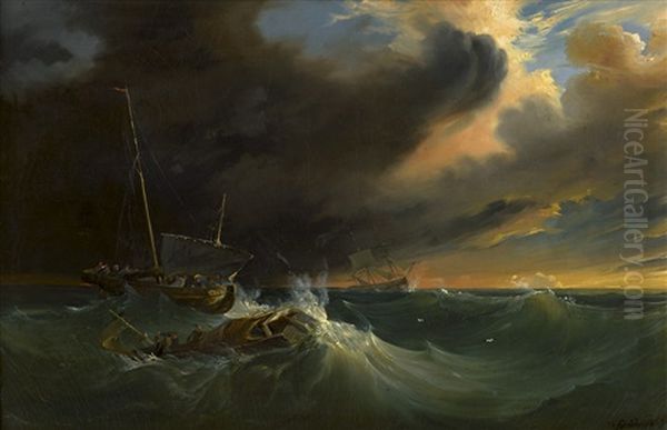 Fischerboote Auf Sturmischer See Bei Sonnenuntergang Oil Painting by Baron Jean Antoine Theodore Gudin