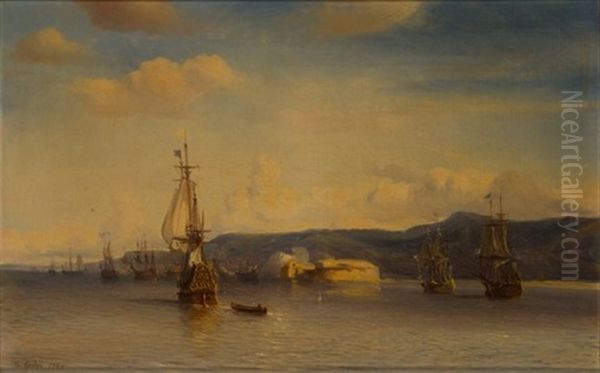 A Squadron Of The French Fleet Exercising Off Toulon Oil Painting by Baron Jean Antoine Theodore Gudin