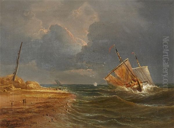 Coastal Landscape With Sailing Boats On Choppy Seas Oil Painting by Baron Jean Antoine Theodore Gudin