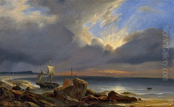 Kustenszene Im Abendlicht Oil Painting by Baron Jean Antoine Theodore Gudin