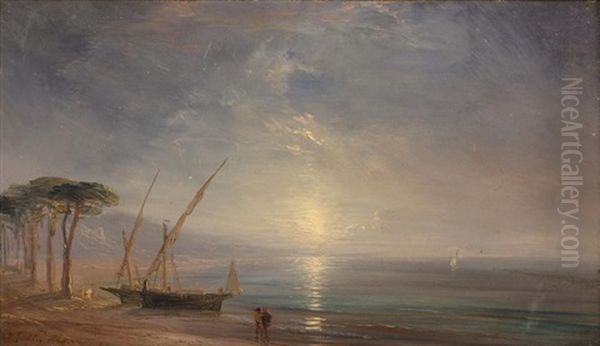 Pecheurs Regardant Le Coucher De Soleil Pres De Leurs Bateaux by Baron Jean Antoine Theodore Gudin