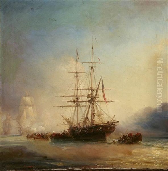 A Burning Brig On The Sea Oil Painting by Baron Jean Antoine Theodore Gudin