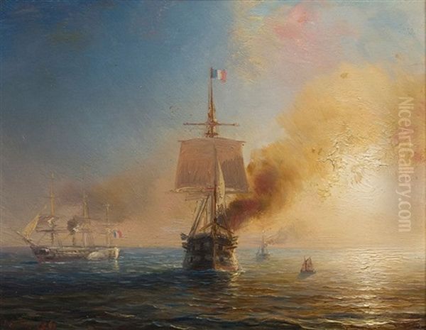 Navires Francais Oil Painting by Baron Jean Antoine Theodore Gudin