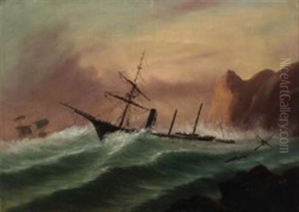 Ships Off A Rocky Coast Oil Painting by Baron Jean Antoine Theodore Gudin