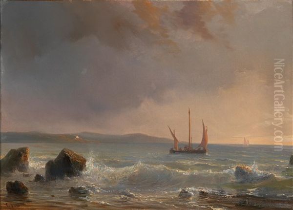 Seascape With Sailing Boats In The Evening Light Oil Painting by Baron Jean Antoine Theodore Gudin