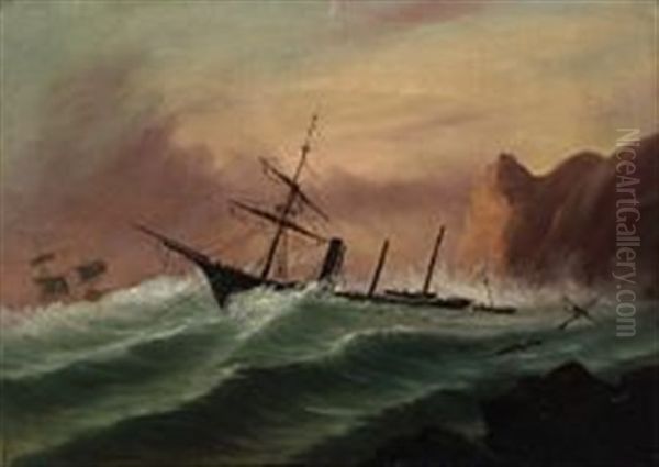 Ships Off A Rocky Coast Oil Painting by Baron Jean Antoine Theodore Gudin