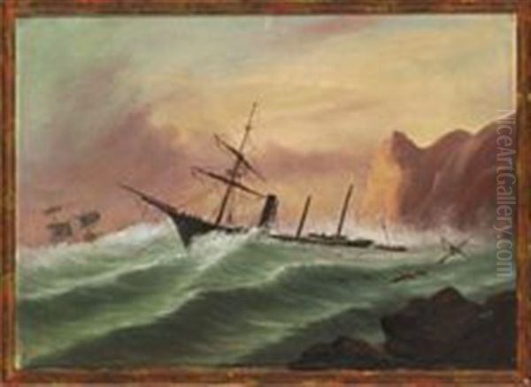 Ships Off A Rocky Coast Oil Painting by Baron Jean Antoine Theodore Gudin