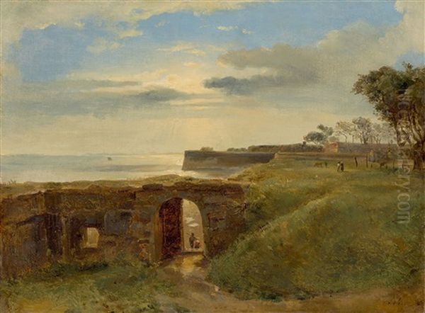 Coastal Landscape With Fortifications Oil Painting by Baron Jean Antoine Theodore Gudin