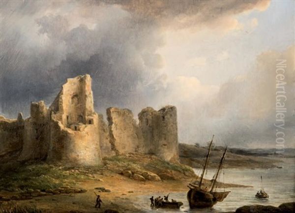 Barques De Peche Pres D'un Chateau En Ruine Oil Painting by Baron Jean Antoine Theodore Gudin