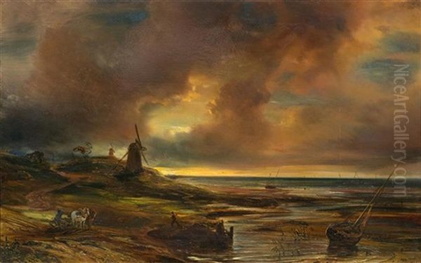 The Windmill By On The Beach Oil Painting by Baron Jean Antoine Theodore Gudin