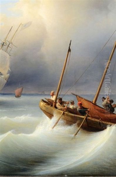 Navires Sur Une Mer Agitee Oil Painting by Baron Jean Antoine Theodore Gudin