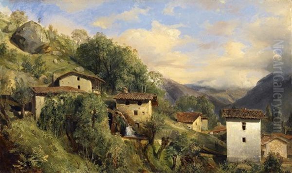 Dorf In Den Savoyer Alpen Oil Painting by Baron Jean Antoine Theodore Gudin