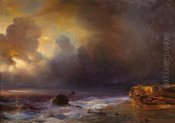 Wolkenverhangener Himmel Uber Einer Strandszene Oil Painting by Baron Jean Antoine Theodore Gudin