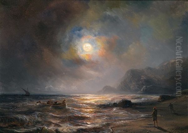 Mond Uber Einer Felsigen Kustenlandschaft Oil Painting by Baron Jean Antoine Theodore Gudin