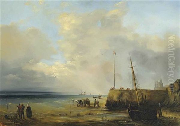 Fishermen At The Harbour Wall, Low Tide Oil Painting by Baron Jean Antoine Theodore Gudin