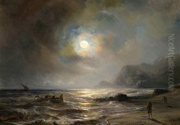 Strandszene Bei Vollmond Oil Painting by Baron Jean Antoine Theodore Gudin