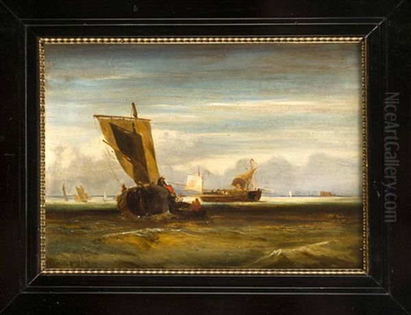 Marineszene Mit Einigen Booten Im Seichten Wasser Vor Der Kuste Oil Painting by Baron Jean Antoine Theodore Gudin