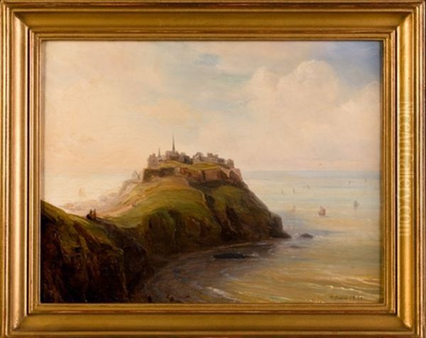 Village Sur La Falaise Devant La Mer (normandie ?) Oil Painting by Baron Jean Antoine Theodore Gudin