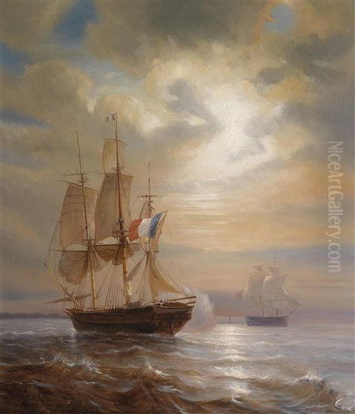 Segelschiffe In Der Abenddammerung Oil Painting by Baron Jean Antoine Theodore Gudin